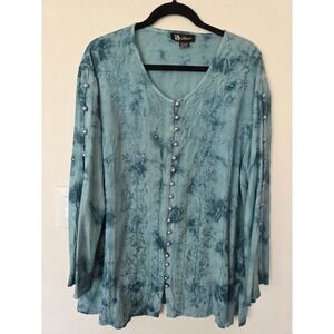VTG Boho TieDye Whimsigoth Blouse Teal Blue Grey Pearl Buttons Sequin Embroidery